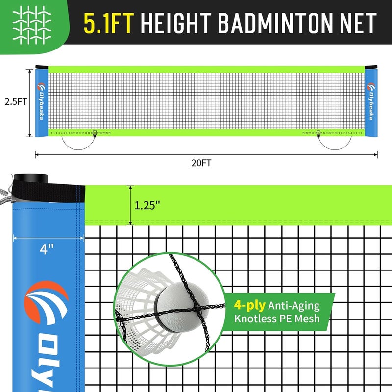 Olybeaka Outdoor Baminton Net Set for Backyard, Beach, Family Games with 20 * 3ft Anti-sag Net, 4 Aluminum Badminton Rackets, 3 Shuttlecocks, Carring Bag - Easy Set Up & Portable - Image 5
